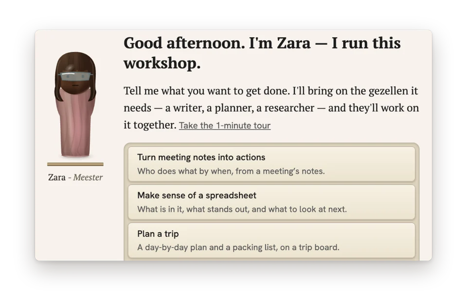 Zara, the Meester, greeting a new install with a few jobs to start from