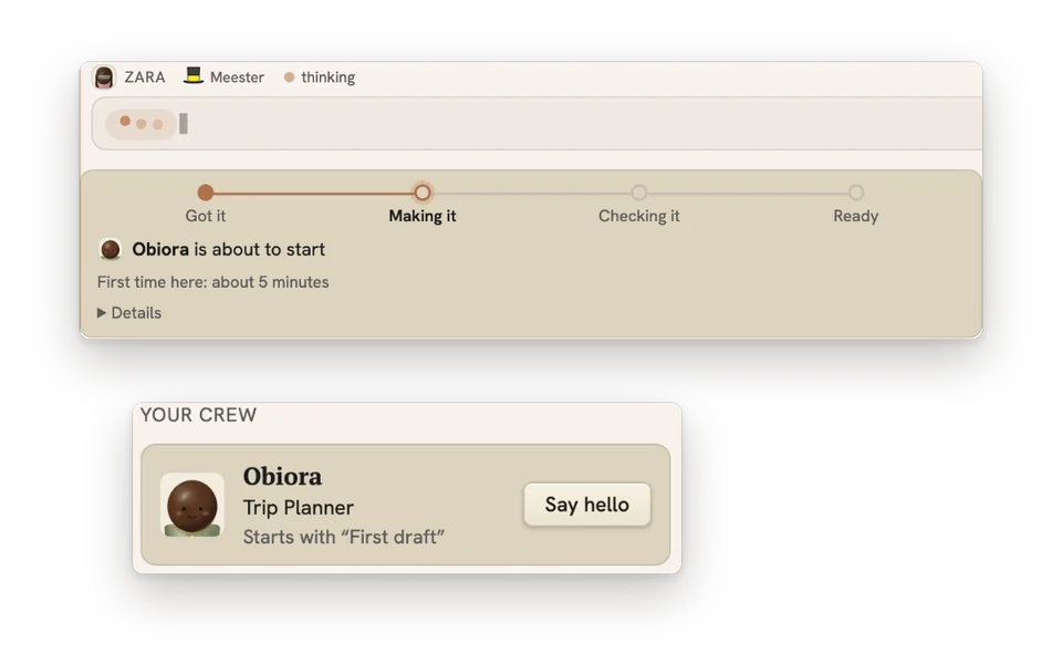 A trip request moving from Got it to Making it, with Obiora the trip planner on the crew